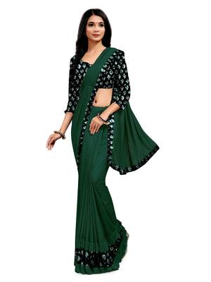 Green plain lycra saree with blouse 1