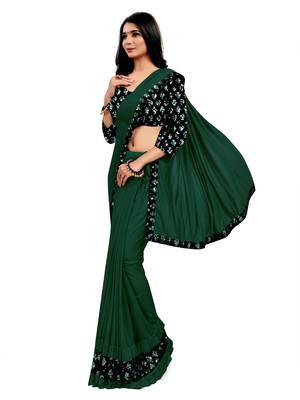 Green plain lycra saree with blouse 2