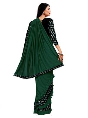 Green plain lycra saree with blouse 3