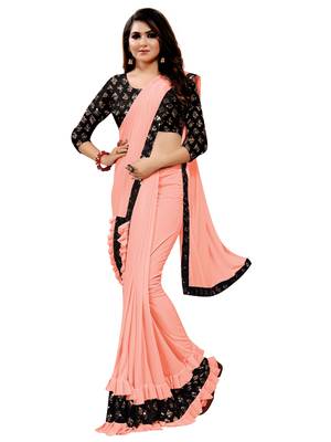 Peach plain lycra saree with blouse 1