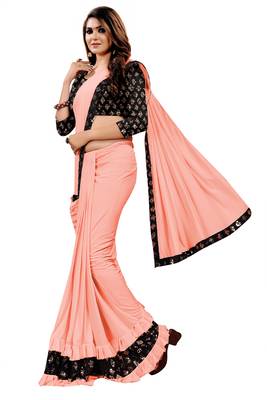 Peach plain lycra saree with blouse 2