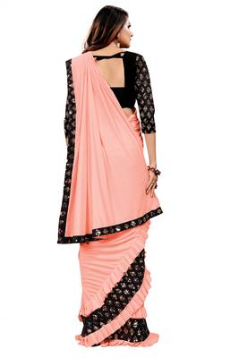 Peach plain lycra saree with blouse 3