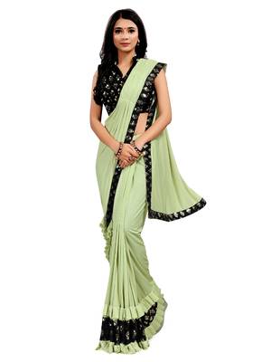 Green plain lycra saree with blouse 1