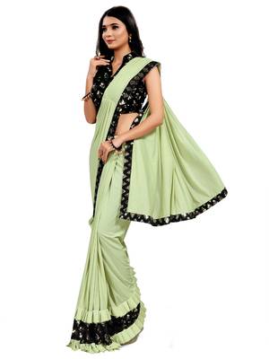 Green plain lycra saree with blouse 2