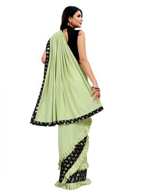Green plain lycra saree with blouse 3