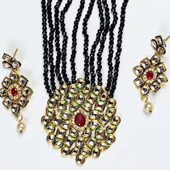 Gold Plated AD Kundan Pendant Black Layered Necklace  Set and matching Earrings for Women and Girls. 2