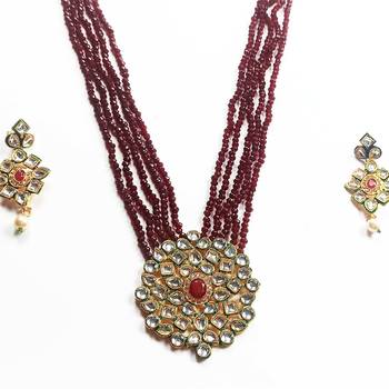 Gold Plated AD Kundan Pendant Maroon Layered Necklace  Set and matching Earrings for Women and Girls. 2