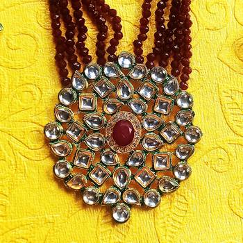 Gold Plated AD Kundan Pendant Maroon Layered Necklace  Set and matching Earrings for Women and Girls. 3