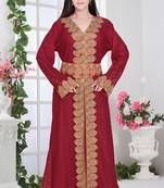 Maroon Net Fabric Dubai Islamic Fancy Designer Lais Moroccan Kaftan Dresses 
