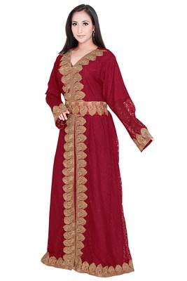 Maroon Net Fabric Dubai Islamic Fancy Designer Lais Moroccan Kaftan Dresses  2