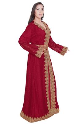 Maroon Net Fabric Dubai Islamic Fancy Designer Lais Moroccan Kaftan Dresses  3