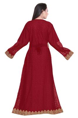 Maroon Net Fabric Dubai Islamic Fancy Designer Lais Moroccan Kaftan Dresses  4