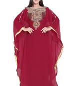 Moroccan Dubai Kaftan Evening Royal Maroon Georgette Zari Stone Side Fully Lais Work 