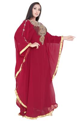 Moroccan Dubai Kaftan Evening Royal Maroon Georgette Zari Stone Side Fully Lais Work  2