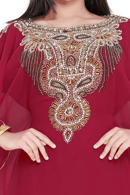 Moroccan Dubai Kaftan Evening Royal Maroon Georgette Zari Stone Side Fully Lais Work  3