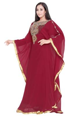 Moroccan Dubai Kaftan Evening Royal Maroon Georgette Zari Stone Side Fully Lais Work  4