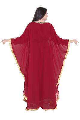 Moroccan Dubai Kaftan Evening Royal Maroon Georgette Zari Stone Side Fully Lais Work  5