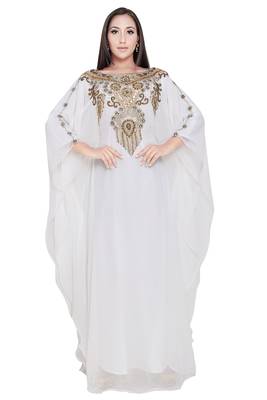 White Dubai Moroccan Kaftan Georgette African Attire Bridesmaid Abaya Long Maxi Dresses 1