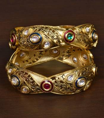 Copper made Kundan and Ruby Stone Embellished Matte Finish Bangles Set BD526 1