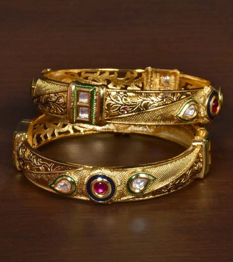 Copper made Kundan and Ruby Stone Embellished Matte Finish Bangles Set BD528