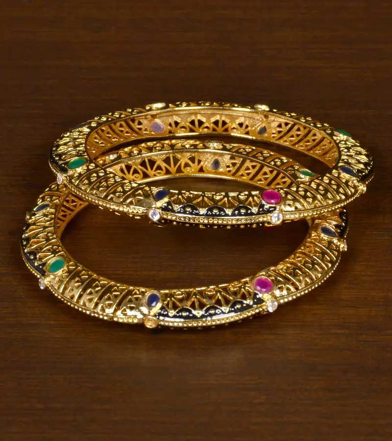 Gold Plated Ruby, Panna and Kundan Embellished Copper made Bangles BD529