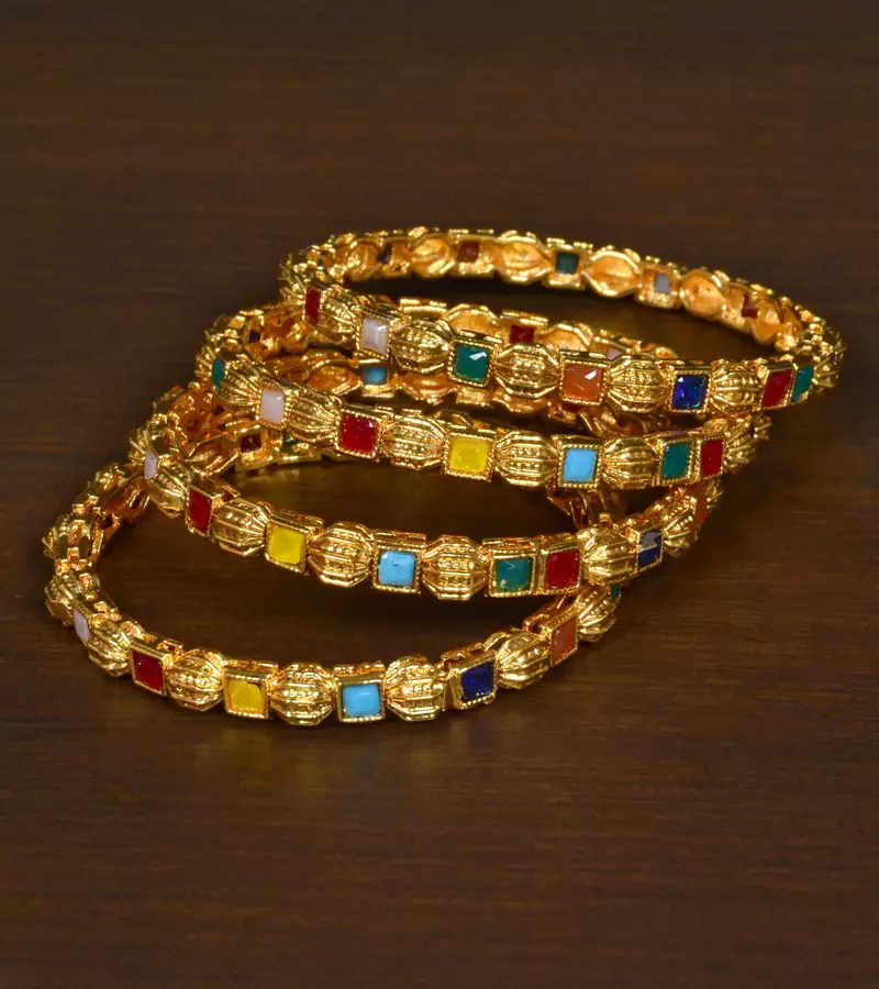 Gold Plated Multi-Colored Stone Embellished Bangle Set for Women BD530