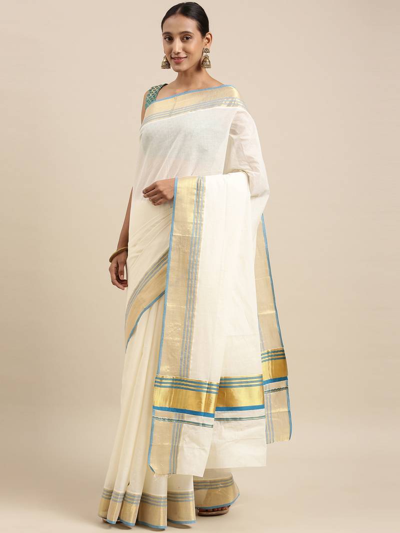 white pure cotton woven saree with blouse