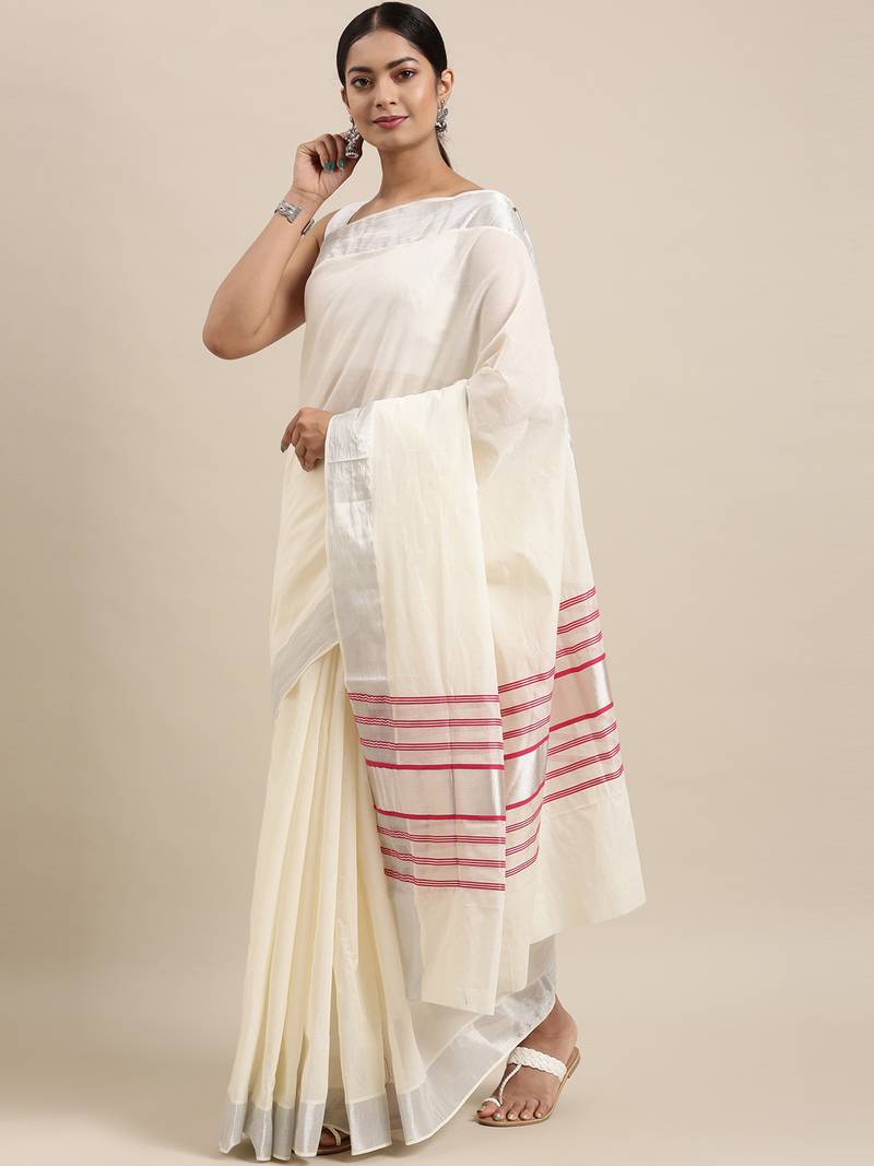 white pure cotton woven saree with blouse