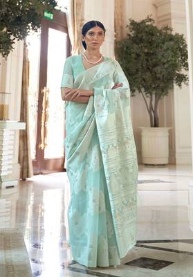 Sky blue woven silk blend saree with blouse 1