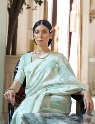Sky blue woven silk blend saree with blouse 2