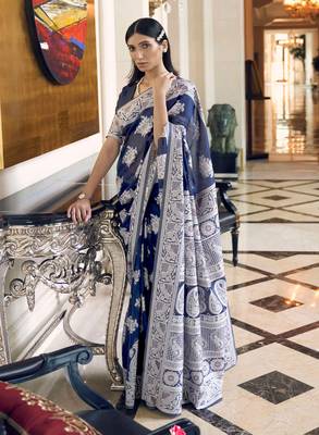 Blue woven silk blend saree with blouse 1