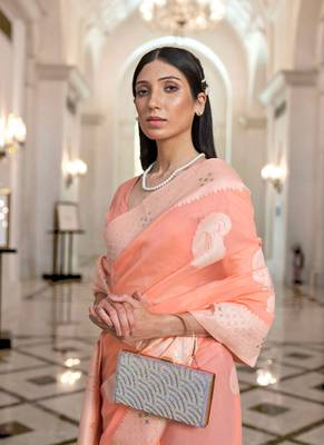 Peach woven silk blend saree with blouse 2
