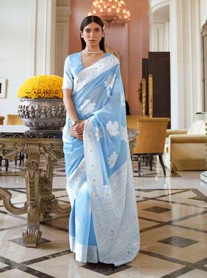 Light blue woven silk blend saree with blouse 1