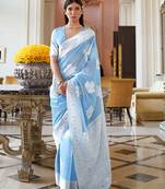 Light blue woven silk blend saree with blouse