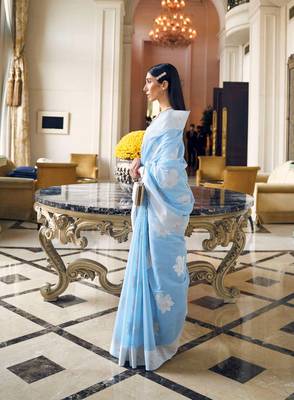 Light blue woven silk blend saree with blouse 2