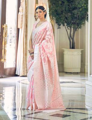 Light pink woven silk blend saree with blouse 1