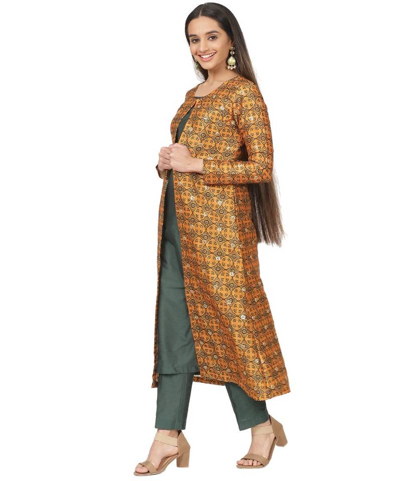 Mustard Printed Jacket with Emerald Kurti and Straight Pants