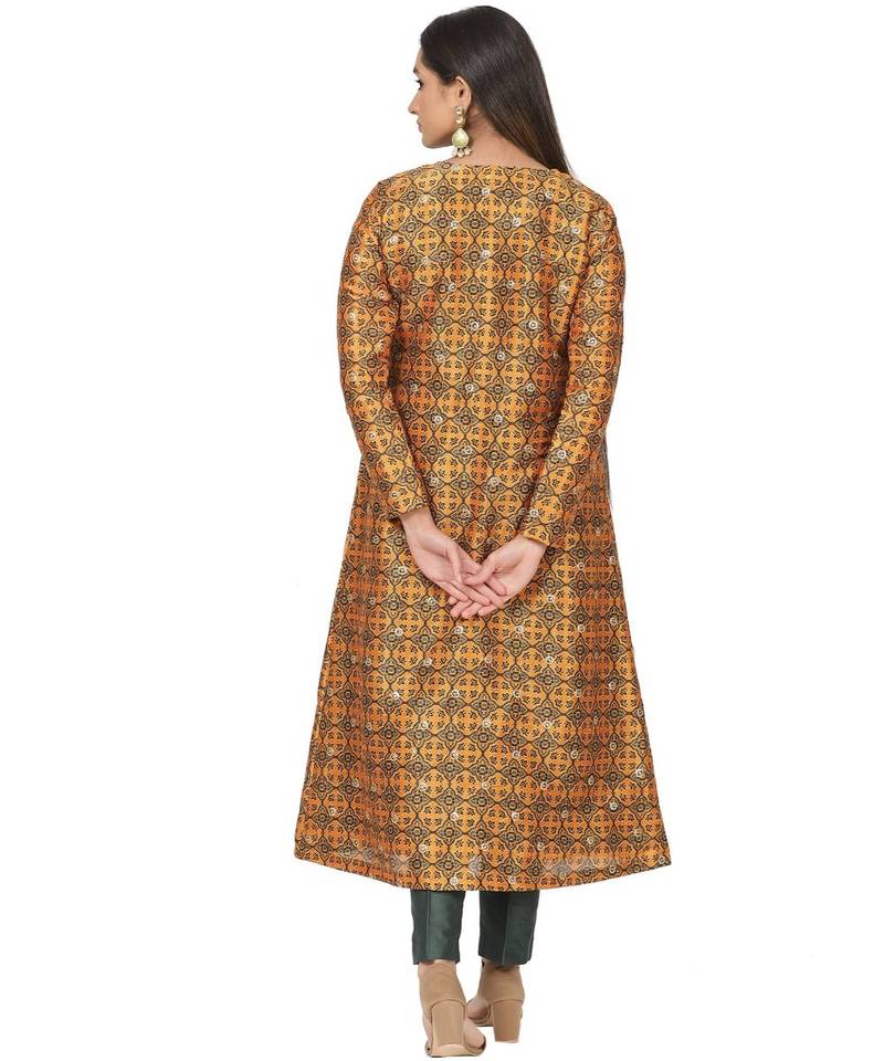 Mustard Printed Jacket with Emerald Kurti and Straight Pants