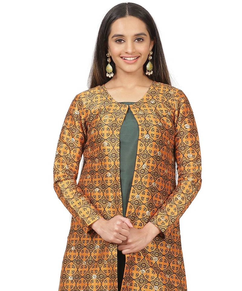 Mustard Printed Jacket with Emerald Kurti and Straight Pants