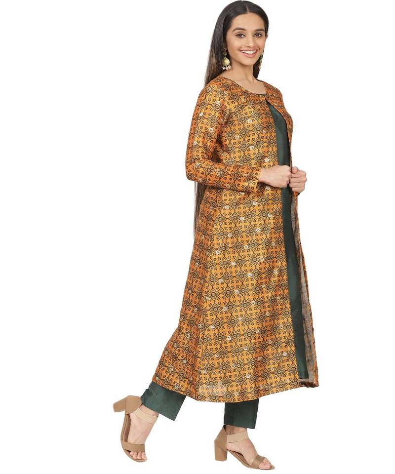 Mustard Printed Jacket with Emerald Kurti and Straight Pants