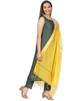 Emerald Green Sleeveless A-Line Kurti and Straight Pants and Mustard Chanderi Dupatta 2