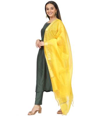 Emerald Green Sleeveless A-Line Kurti and Straight Pants and Mustard Chanderi Dupatta 3