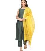 Emerald Green Sleeveless A-Line Kurti and Straight Pants and Mustard Chanderi Dupatta