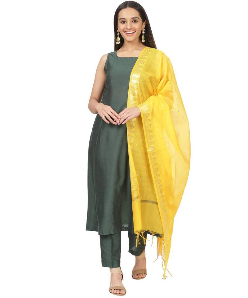 Emerald Green Sleeveless A-Line Kurti and Straight Pants and Mustard Chanderi Dupatta