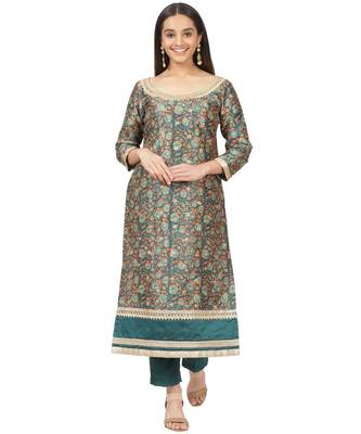 Green Floral Print Gotta Kurti with Straight Pants 1