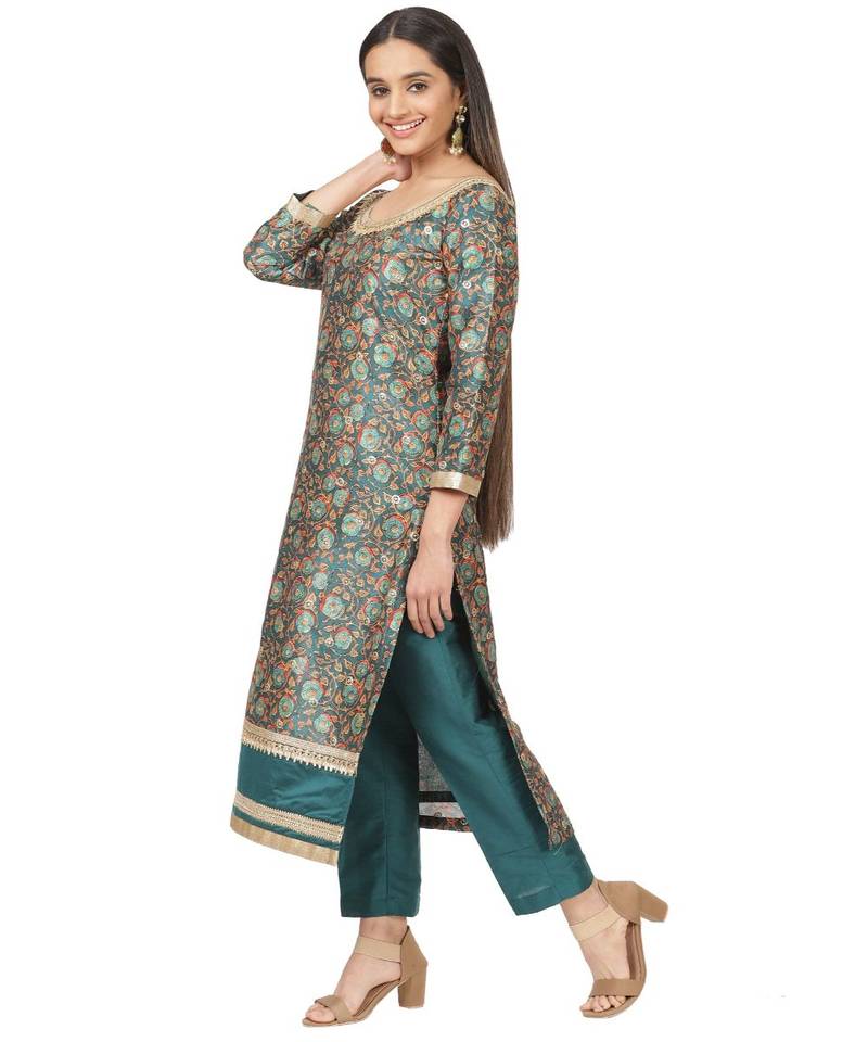 Green Floral Print Gotta Kurti with Straight Pants