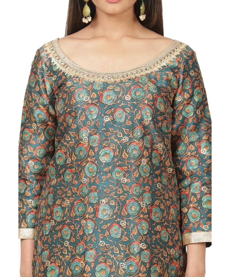 Green Floral Print Gotta Kurti with Straight Pants