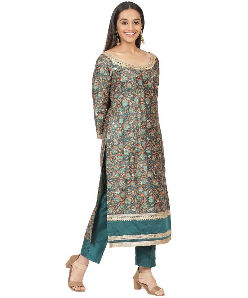 Green Floral Print Gotta Kurti with Straight Pants