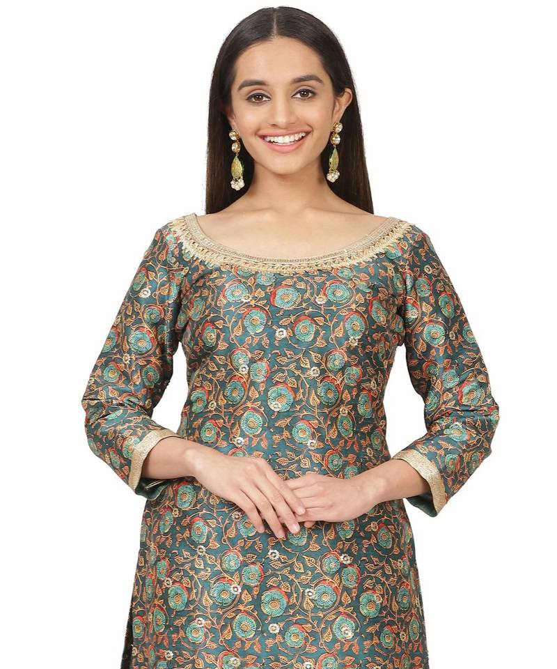 Green Floral Print Gotta Kurti with Straight Pants