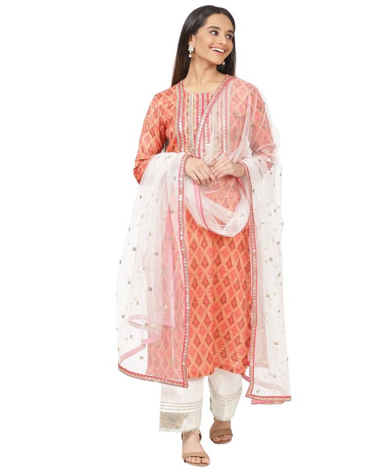 Orange Silk Ikkat Gotta Straight Kurti with Straight Gotta Palazzo and Net Sequence Dupatta